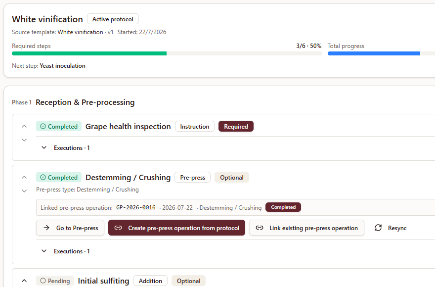 WineOS winemaking protocol execution with phases, steps and progress