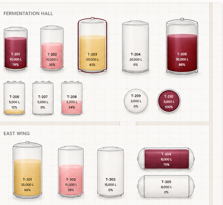 WineOS Tank Map with tanks and barrels showing fill levels, wine colors and LOTs